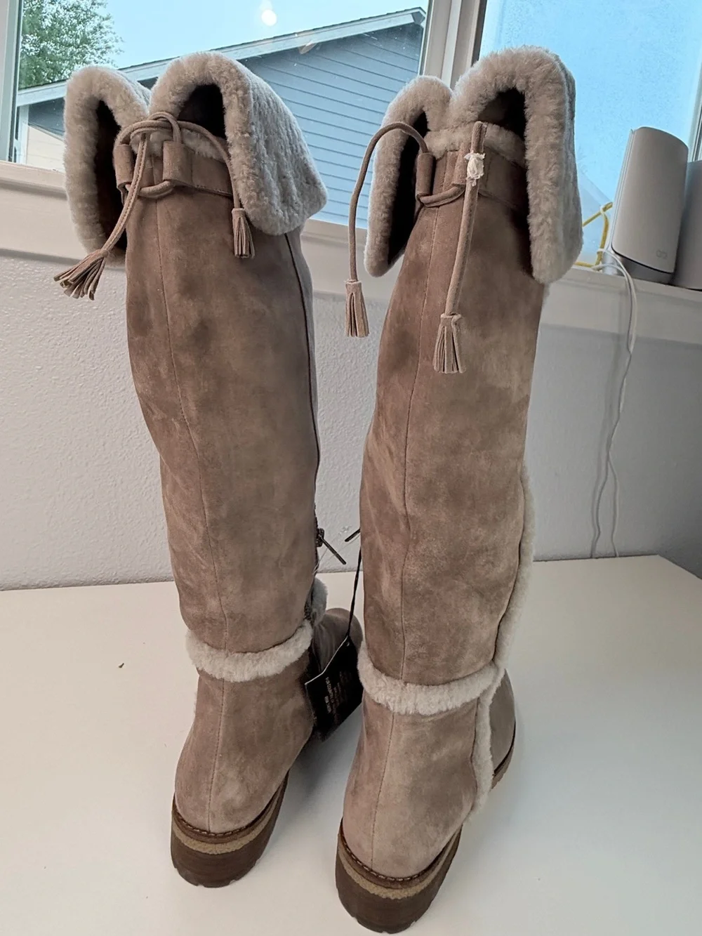 FRYE Tamara Over The Knee Shearling Boots Taupe Suede Fur Lined NWT women size 9